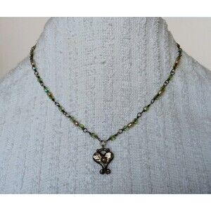 Artisan Sterling Silver Heart Pendant Green AB Glass & Pearl Necklace 16-18 in